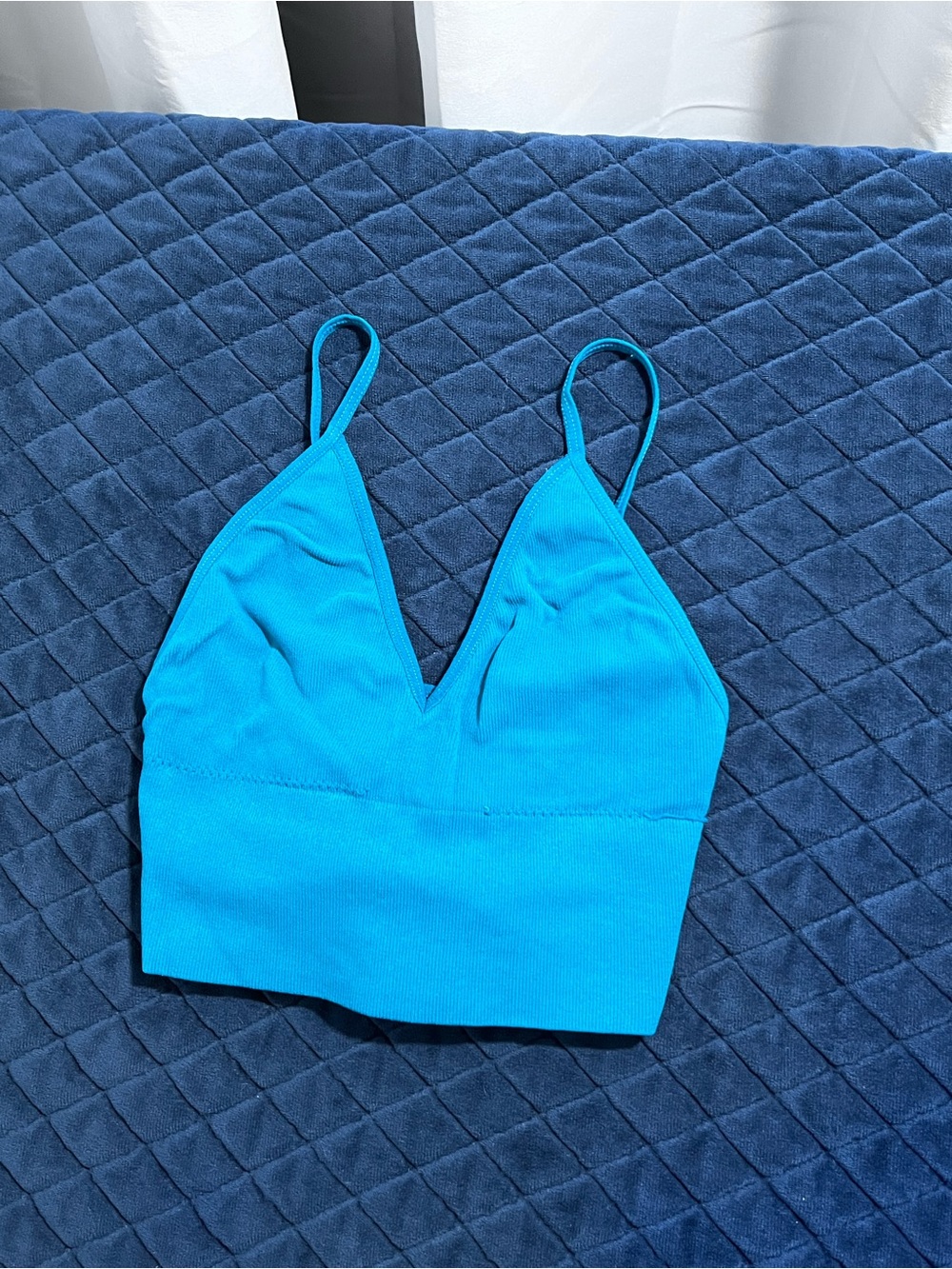 Blue V-Neck Ribbed Sports Bra Women Activewear Athletic Top w/Adjustable Strap
